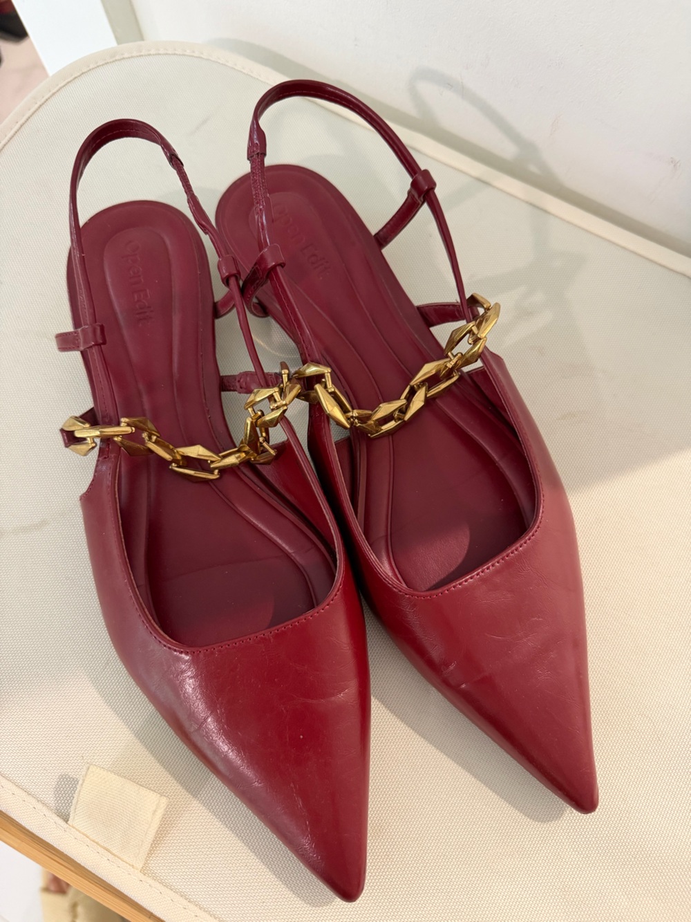 Pointed Burgundy Slingback Mules with Gold Chain Accent